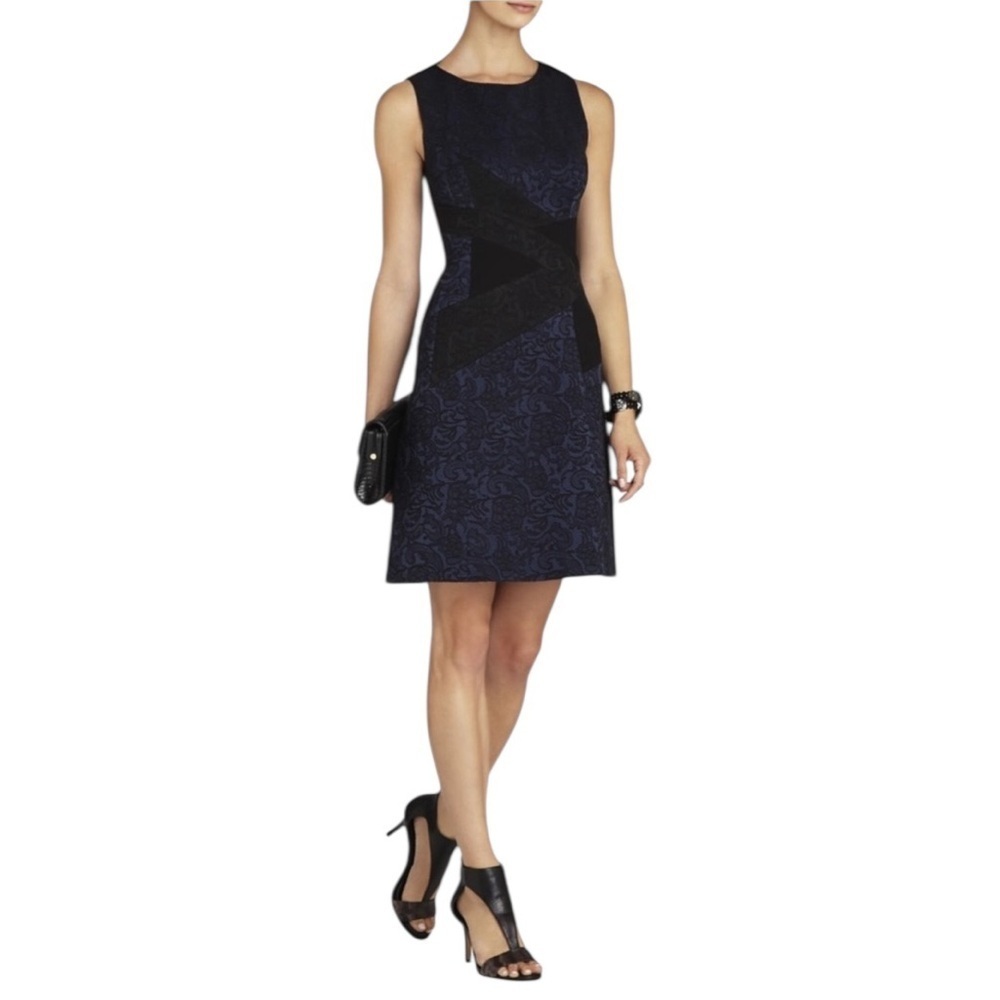 BCBGMAXAZRIA Black Dark Navy Blue Combo Women's Alma A-Line Dress Size 0